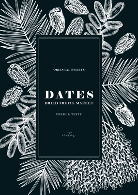 Hand drawn vegan food wreath design with date palm leaves and dried fruits illustrations in engraved style. Dried dates sketch banner template on chalkboard
